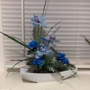 Blue Artificial Orchid & Rose Arrangement in White Ceramic Planter